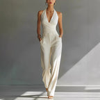 Women’s high-waisted lace-backless one-piece trousers by FitiqueFit, styled as a casual deep V outfit for women.