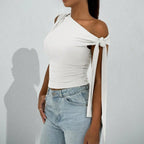 Women’s one-shoulder asymmetrical tie shoulder top by FitiqueFit, casualwear for going out and parties, with a stylish design.