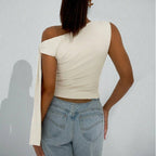 Women’s one-shoulder asymmetrical tie shoulder top by FitiqueFit, casualwear for going out and party occasions, styled for a trendy look.