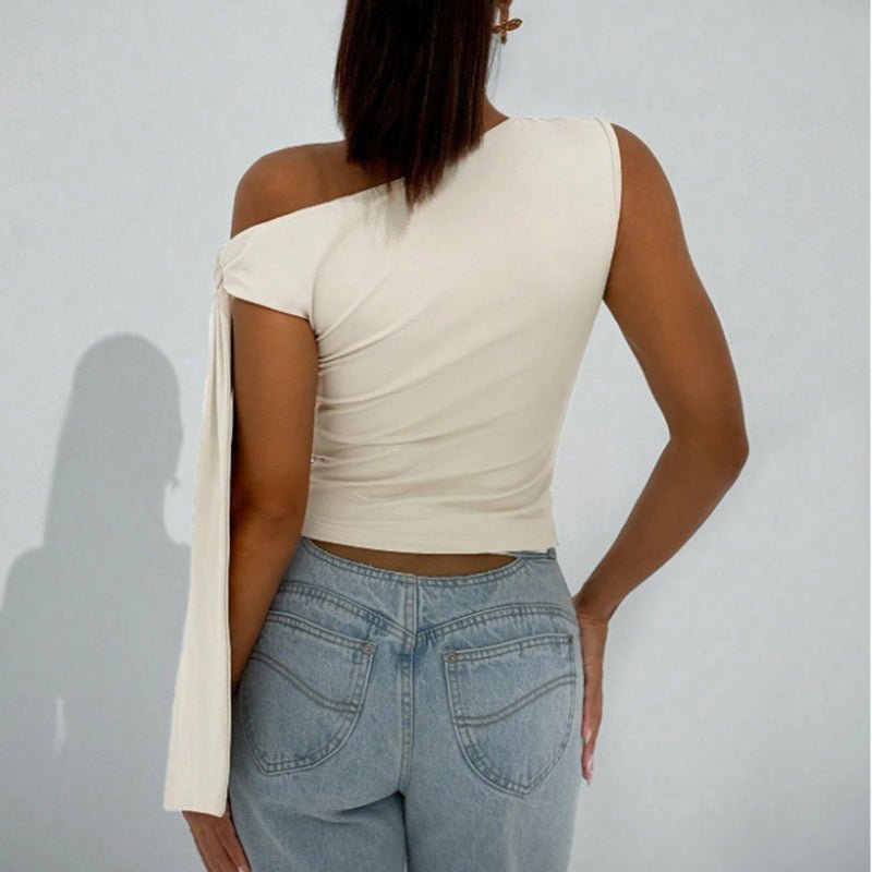 Women’s one-shoulder asymmetrical tie shoulder top by FitiqueFit, casualwear for going out and party occasions, styled for a trendy look.