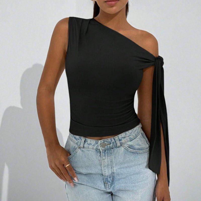 Women's one-shoulder asymmetrical tie shoulder top by FitiqueFit, casualwear for going out and party occasions.