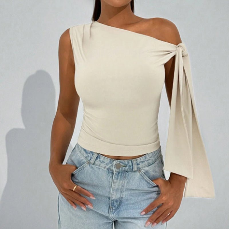 Women's one-shoulder asymmetrical tie shoulder top by FitiqueFit, casualwear for going out and party occasions.