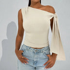 Women's one-shoulder asymmetrical tie shoulder top by FitiqueFit, casualwear for going out and party occasions.