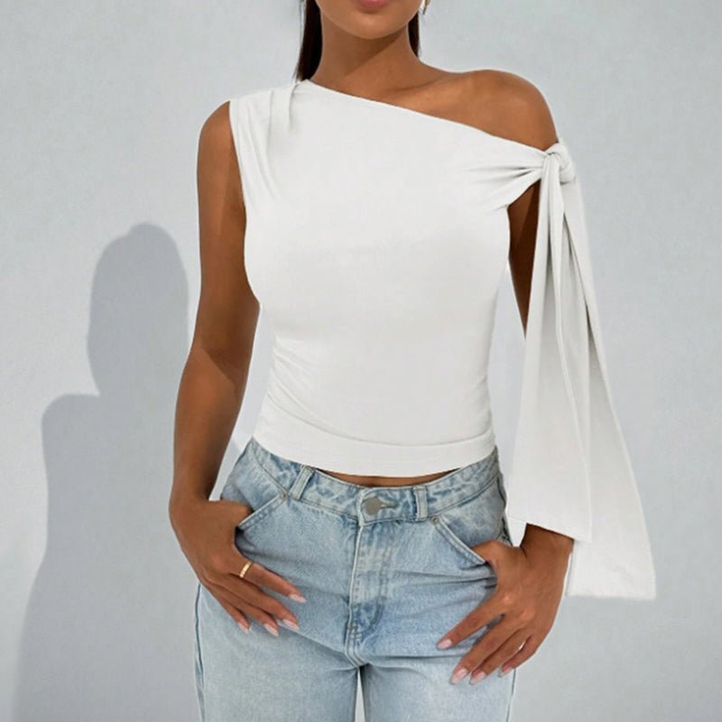 Women’s one-shoulder asymmetrical tie shoulder top by FitiqueFit, casualwear party shirt featuring a stylish, modern design.