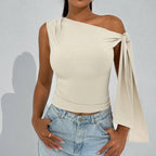 Women’s one-shoulder asymmetrical tie-shoulder top by FitiqueFit, stylish casualwear perfect for going out and parties.