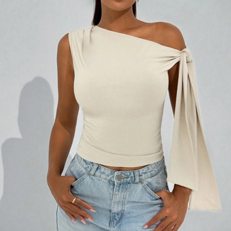 Women’s one-shoulder asymmetrical tie-shoulder top by FitiqueFit, stylish casualwear perfect for going out and parties.