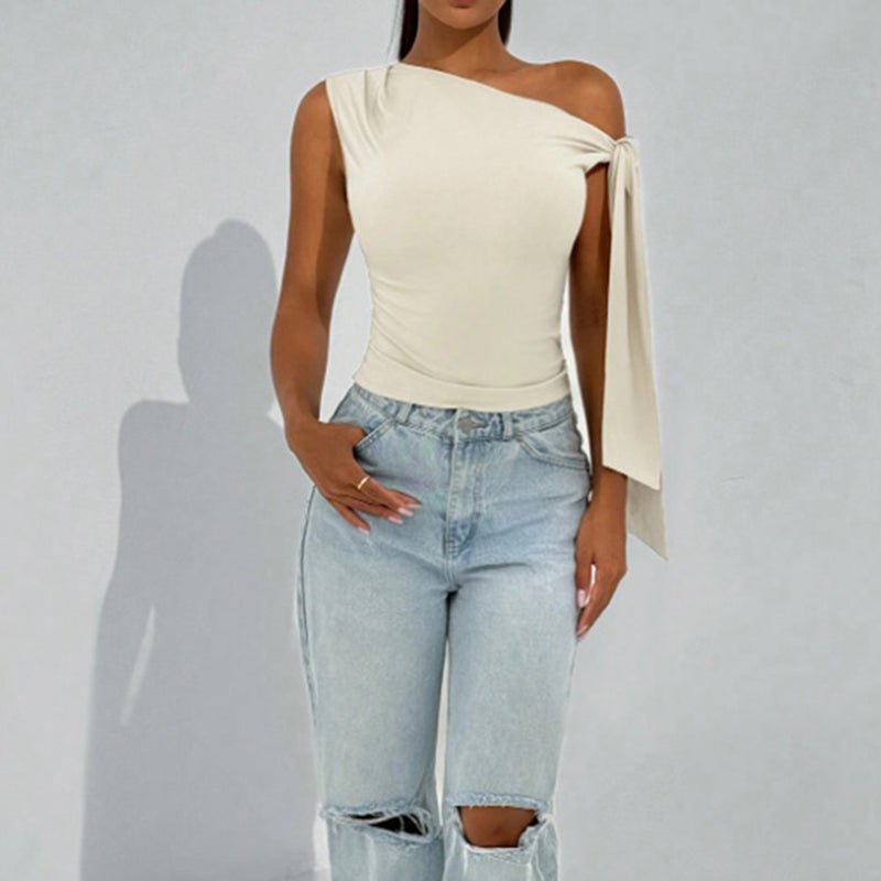Women’s one-shoulder asymmetrical tie shoulder top by FitiqueFit, stylish casualwear perfect for going out and parties.