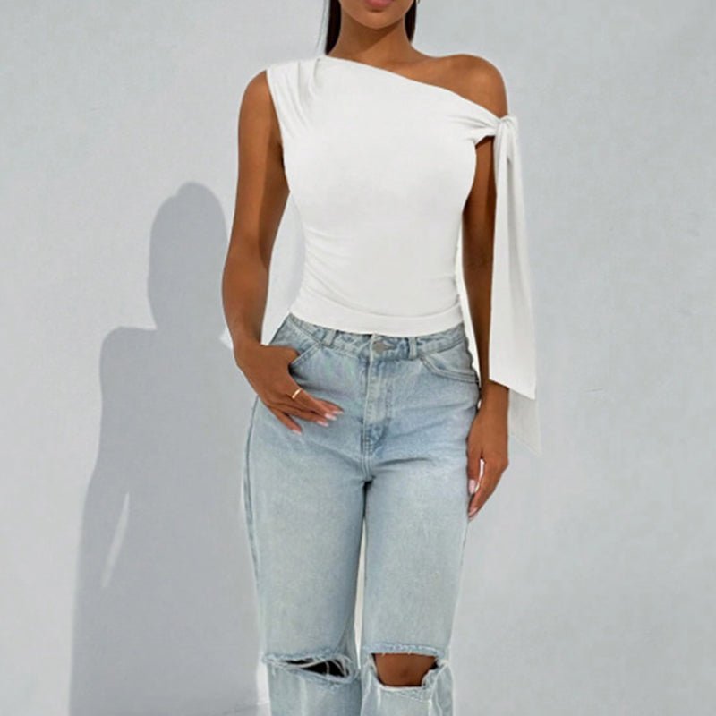 Women’s one-shoulder asymmetrical tie shoulder top from FitiqueFit, casualwear for going out and parties, shown in black fabric.