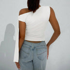 Women’s one-shoulder asymmetrical tie-shoulder top by FitiqueFit, casualwear for going out and party occasions.