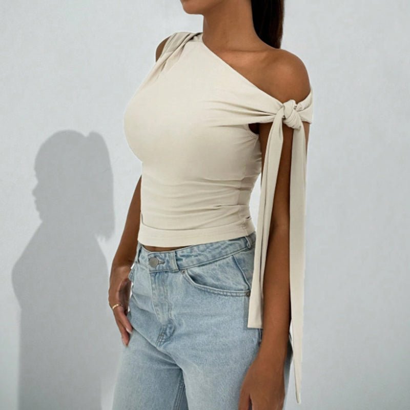 Women’s one-shoulder asymmetrical tie shoulder top by FitiqueFit, stylish casualwear perfect for going out and parties.