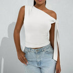 Women’s one-shoulder asymmetrical tie-shoulder top by FitiqueFit, casualwear for going out and party occasions.