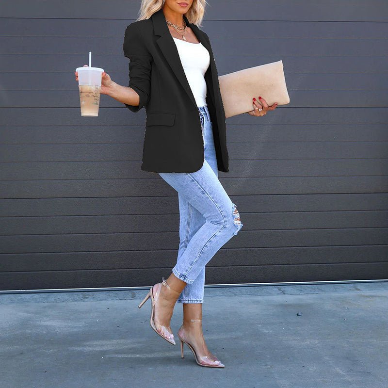 Women’s open-front casual blazer by FitiqueFit, styled with long sleeves and a relaxed fit for everyday wear.