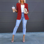 Women’s open-front casual blazer by FitiqueFit, lightweight and stylish, shown on a mannequin with rolled-up sleeves.