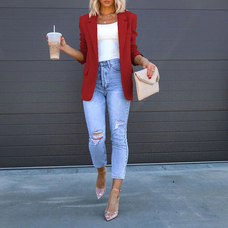 Women’s open-front casual blazer by FitiqueFit, stylish lightweight jacket with lapels and long sleeves, perfect for everyday wear.