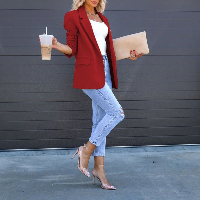 Women’s open-front casual blazer by FitiqueFit, featuring a tailored fit and versatile style, perfect for relaxed or professional looks.