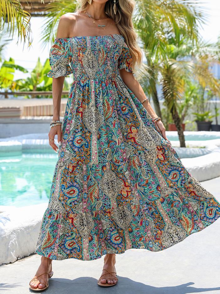 Women’s Paisley One-Shoulder Maxi Dress by FitiqueFit, featuring a flowy, casual paisley design and stylish one-shoulder neckline.