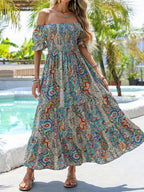 Women’s Paisley One-Shoulder Maxi Dress by FitiqueFit, featuring a flowy, casual paisley design and stylish one-shoulder neckline.