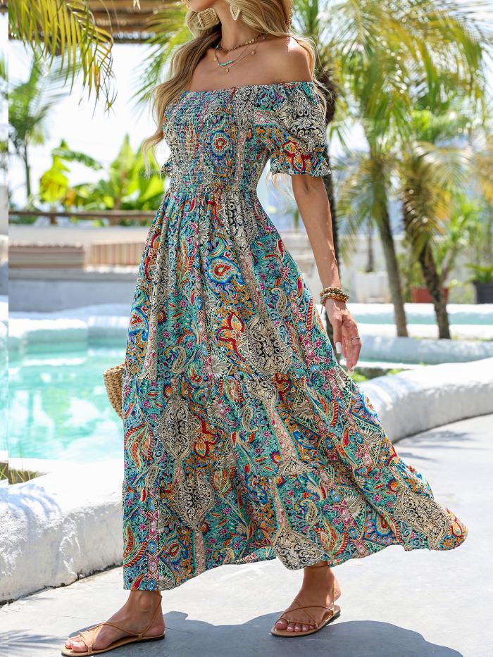 Women’s paisley one-shoulder maxi dress by FitiqueFit, casualwear with flowing fabric and stylish design, perfect for warm weather.
