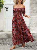 Women’s paisley one-shoulder maxi dress by FitiqueFit, casualwear with flowing fabric and stylish design, displayed on a model.