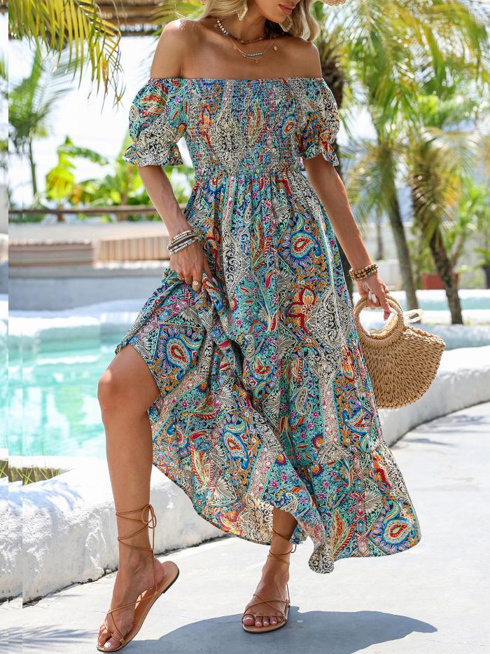 Women’s paisley one-shoulder maxi dress by FitiqueFit, casualwear style, flowing fabric with a stylish one-shoulder design.