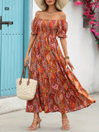 Women’s paisley one-shoulder maxi dress by FitiqueFit, casualwear with flowing fabric and stylish design, perfect for warm weather.