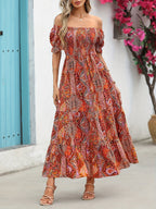 Women’s paisley one-shoulder maxi dress by FitiqueFit, casualwear with flowing fabric and stylish shoulder design.