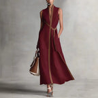 Women's patchwork cardigan and wide-leg pants set in colorblock linen, casualwear by FitiqueFit, featuring relaxed fit and stylish design.