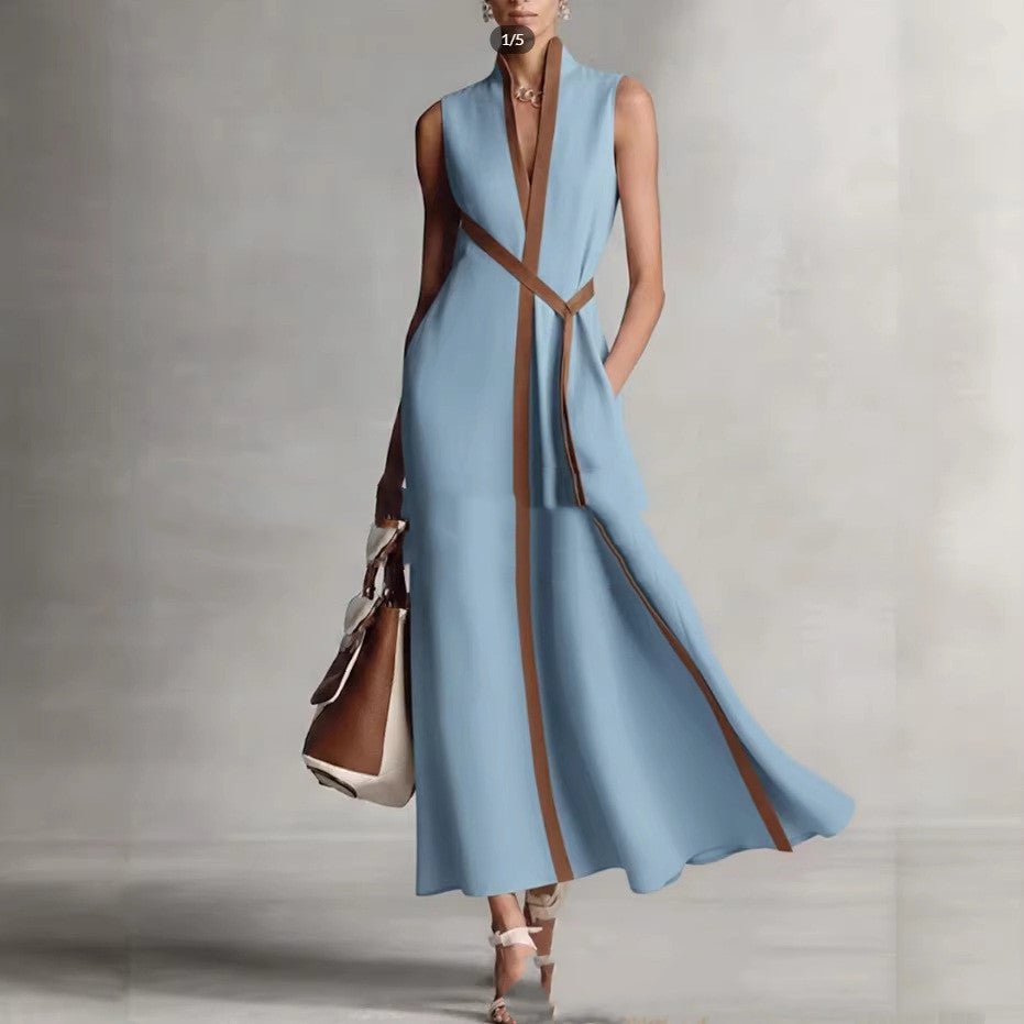 Women's patchwork cardigan and wide-leg pants set in colorblock linen, casualwear by FitiqueFit.