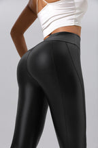 Women’s patchwork leather pants by FitiqueFit, casualwear for running, fitness, and yoga, featuring stylish leather patchwork design.