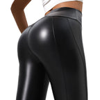 Women's patchwork leather pants by FitiqueFit, casualwear for running, fitness, and yoga, showing stylish design and comfortable fit.