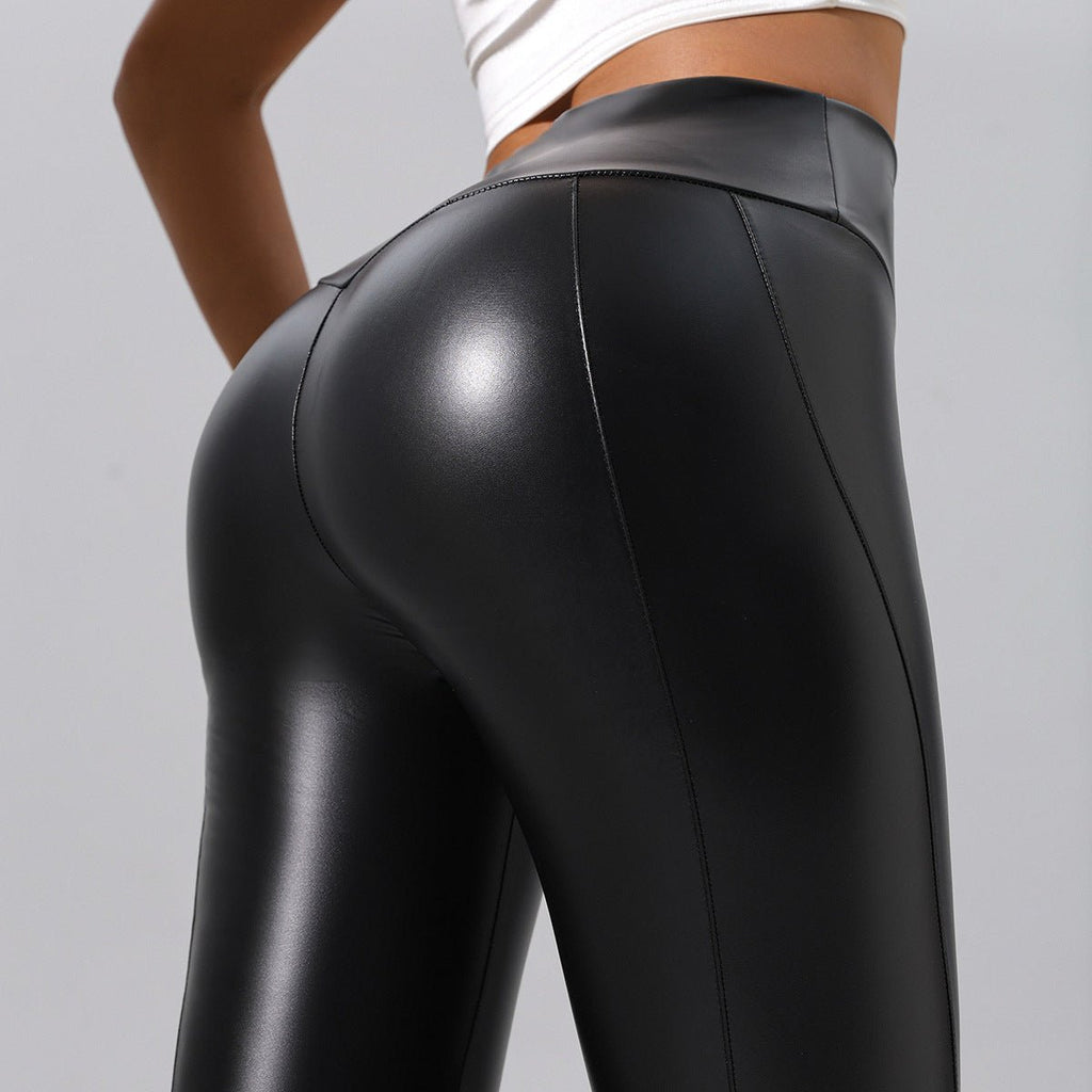 Women’s patchwork leather pants by FitiqueFit, designed for running, fitness, and yoga, shown in a casualwear style.