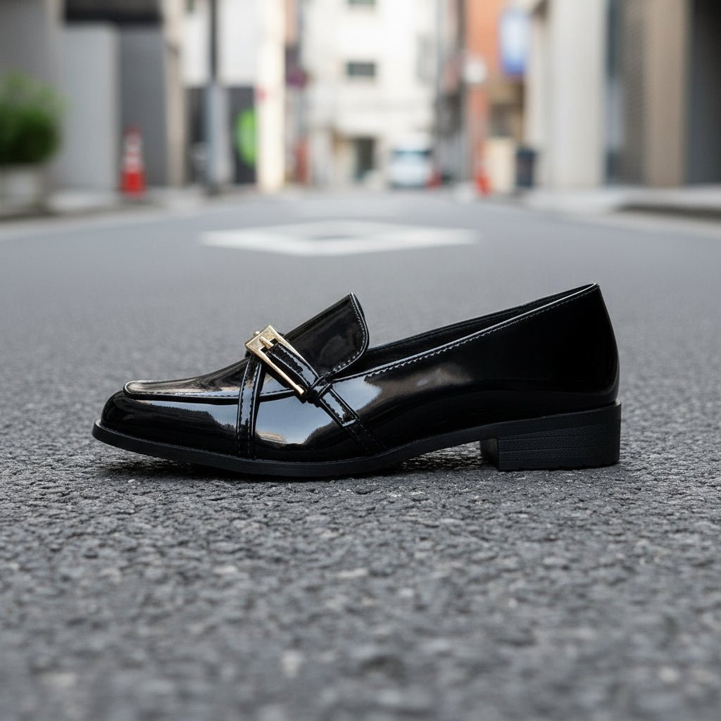 Women’s patent leather square toe shoes by FitiqueFit, stylish footwear with a sleek, polished finish and modern design