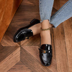 Women's patent leather square toe shoes by FitiqueFit, showcasing sleek footwear with a polished finish and modern design.