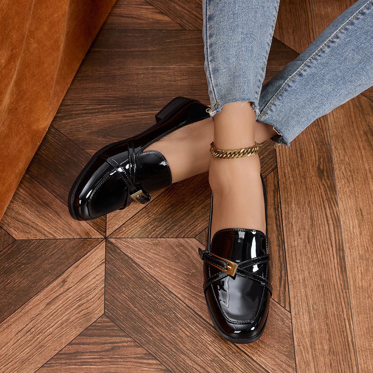 Women's patent leather square toe shoes by FitiqueFit, showcasing sleek footwear with a polished finish and modern design.