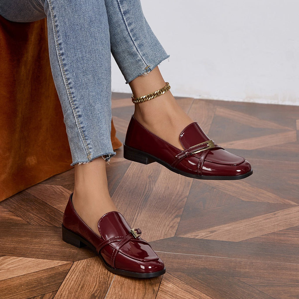 Women’s patent leather square toe shoes by FitiqueFit, stylish slip-on footwear with a sleek shiny finish and modern design.