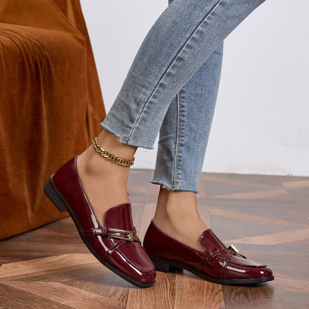 Women’s patent leather square toe shoes by FitiqueFit, stylish footwear featuring a sleek design and polished finish.