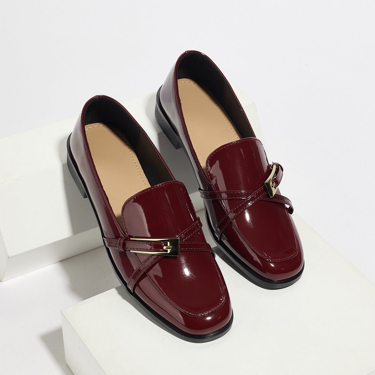 Women's patent leather square toe shoes by FitiqueFit, stylish footwear with a sleek, shiny finish and modern square toe design.