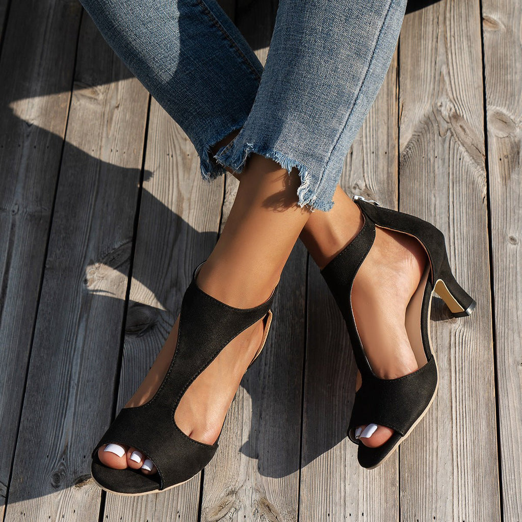 Women’s suede peep toe zipper heel shoes by FitiqueFit, stylish high heel sandals with open toes and sleek design.