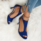Women’s suede peep toe zipper heel shoes by FitiqueFit, featuring high heels and stylish open-toe design.