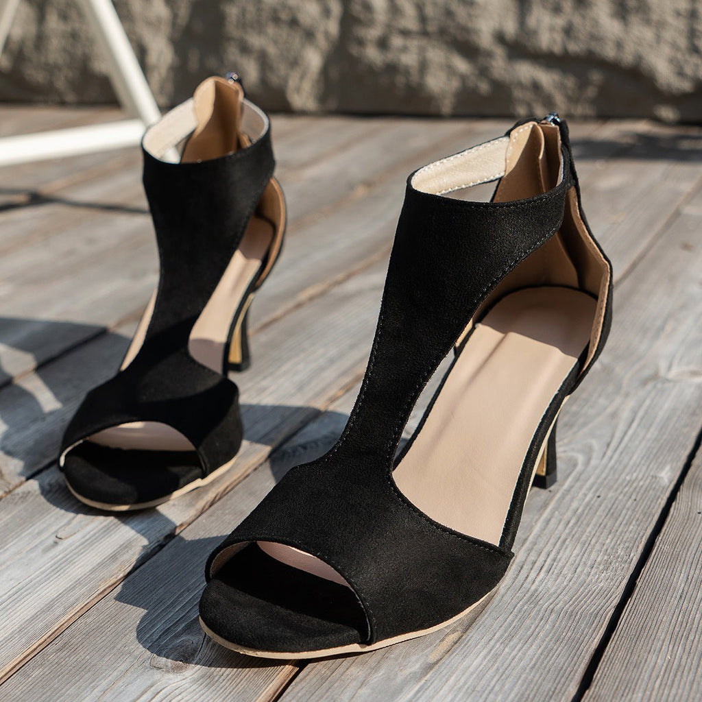 Women's suede peep toe zipper heel shoes by FitiqueFit, high heel sandals with stylish design and ankle zipper detail.