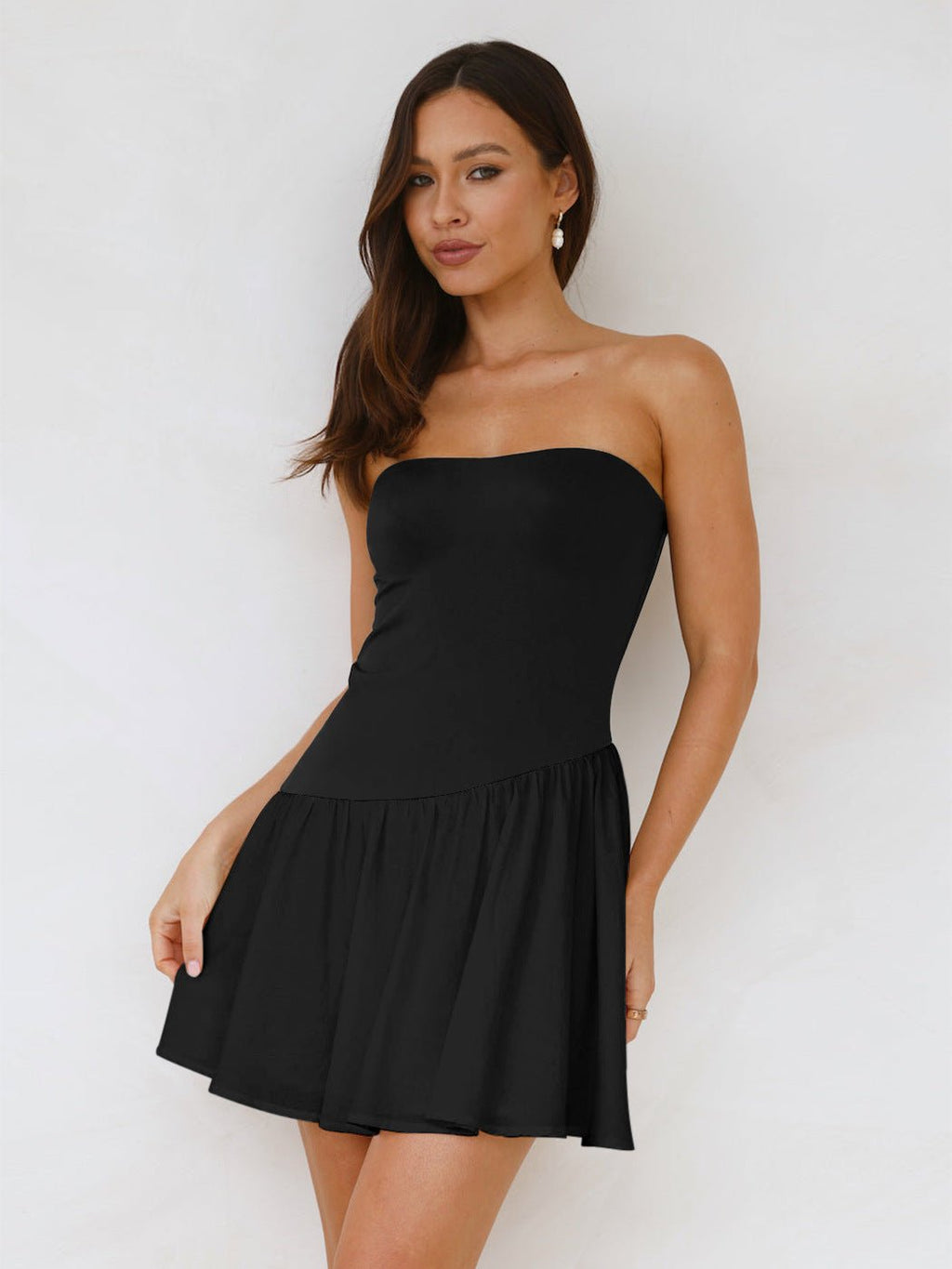 Women's pleated color block tube top dress by FitiqueFit, casualwear style, featuring a fitted bodice and vibrant color blocking.