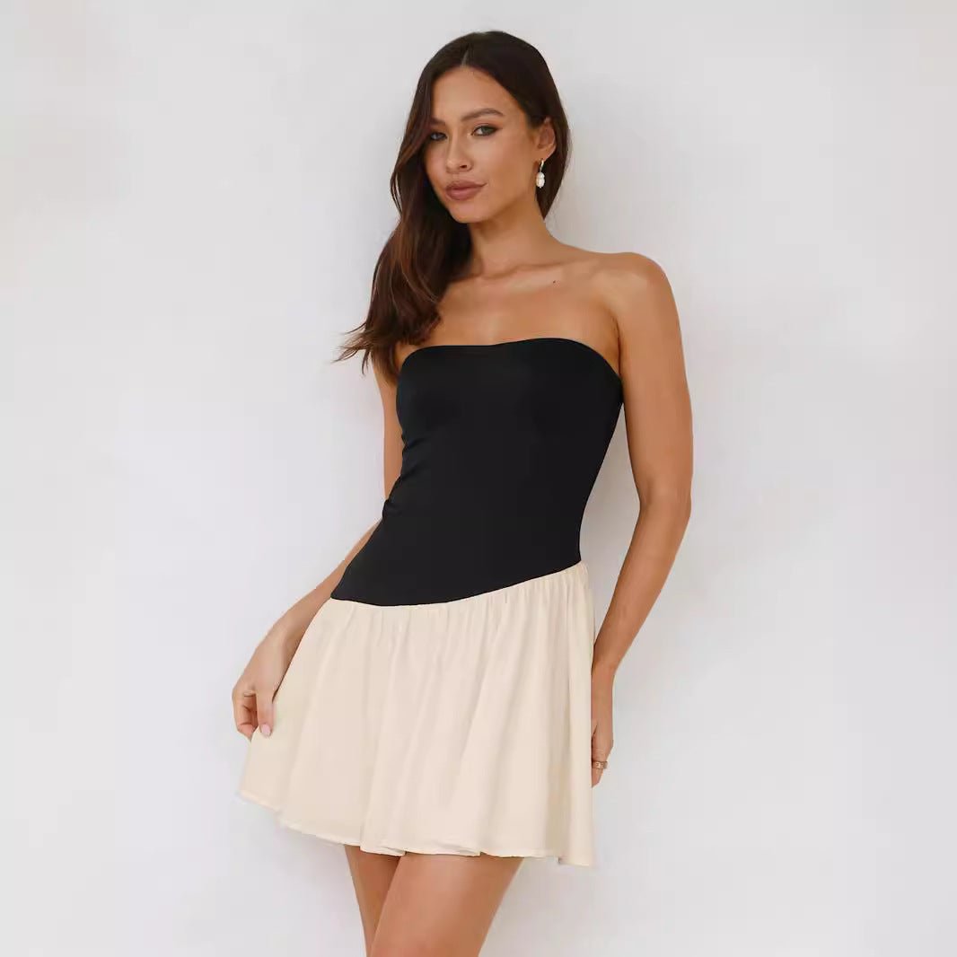 Women's pleated color block tube top dress by FitiqueFit, casualwear style with a fitted bodice and vibrant color blocking.
