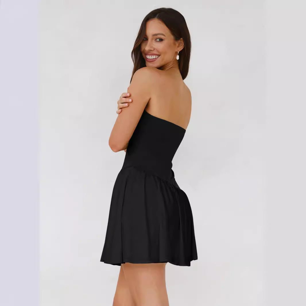 Women's pleated color block tube top dress by FitiqueFit, casualwear style with a fitted bodice and vibrant color blocking.