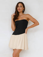 Women's pleated color block tube top dress by FitiqueFit, casualwear style with a fitted bodice and vibrant color blocking.