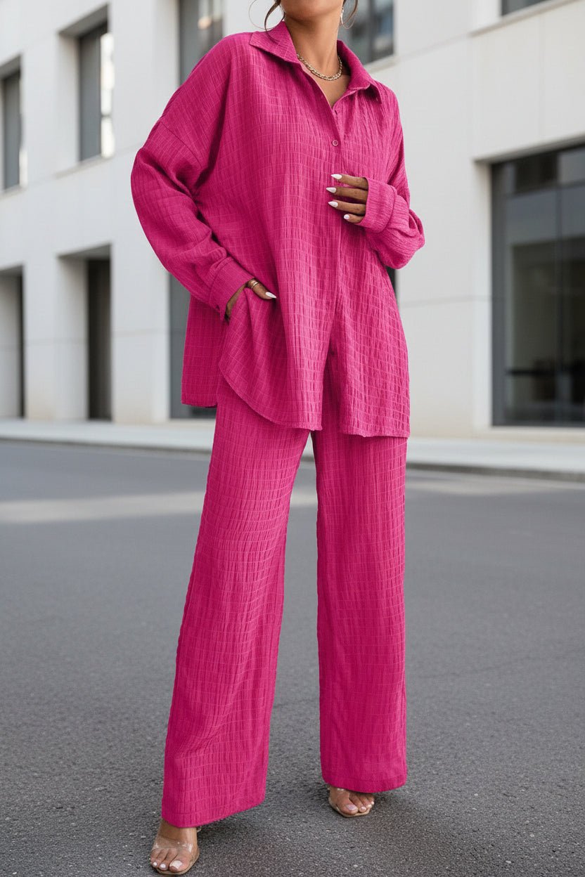 Women's pleated long sleeve lapel two-piece set by FitiqueFit, featuring a loose top and matching pants in casualwear style.