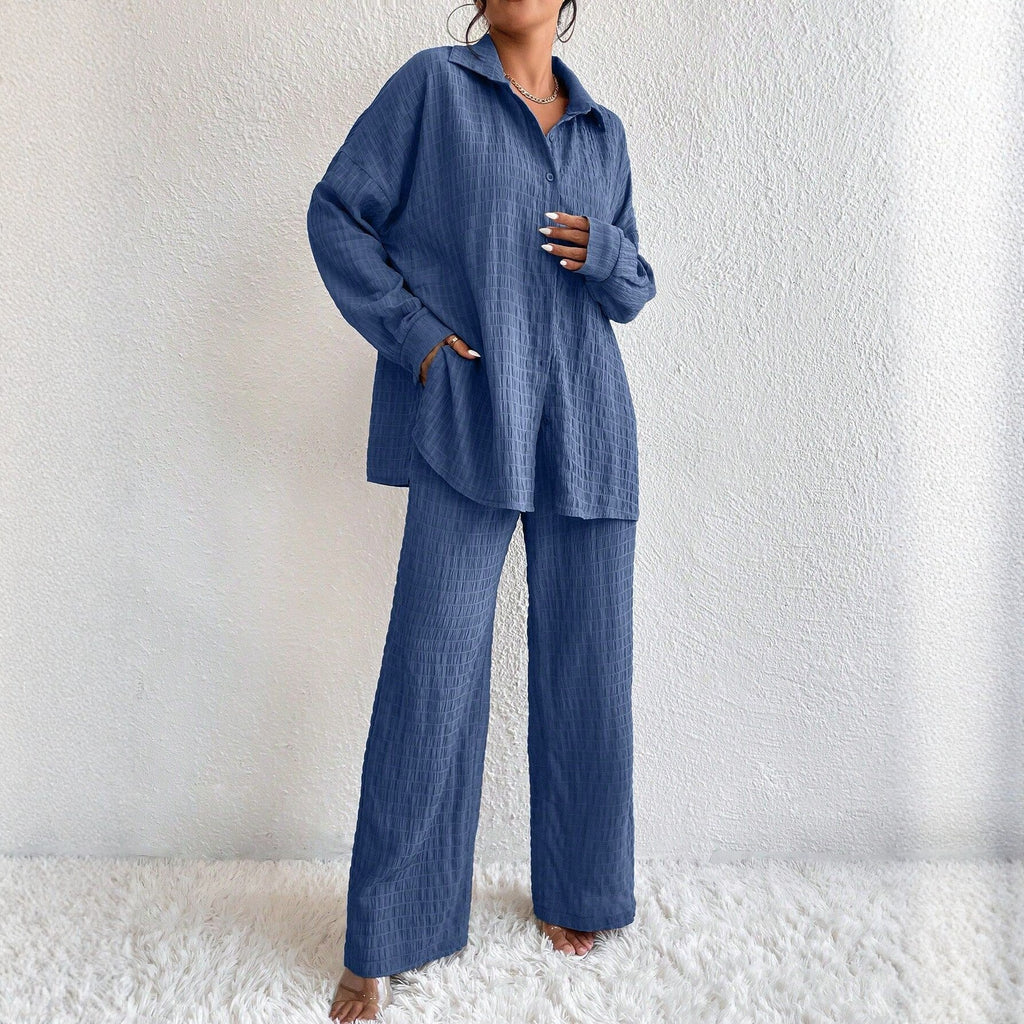 Women's pleated long sleeve lapel two-piece set by FitiqueFit, featuring a loose top and matching pants for casual wear.