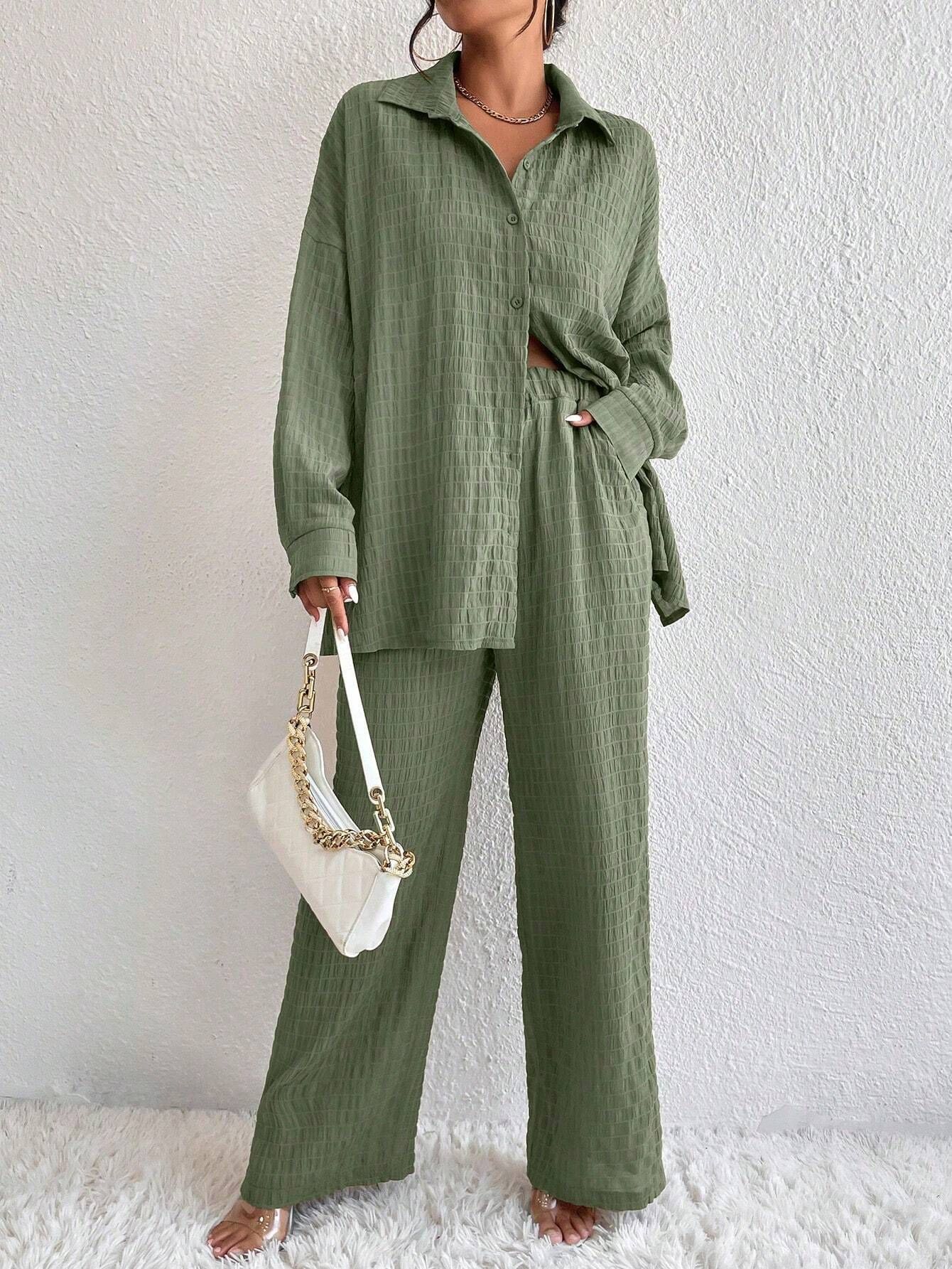 Women's pleated long sleeve lapel two-piece set by FitiqueFit, featuring a loose top and matching pants for casual wear.