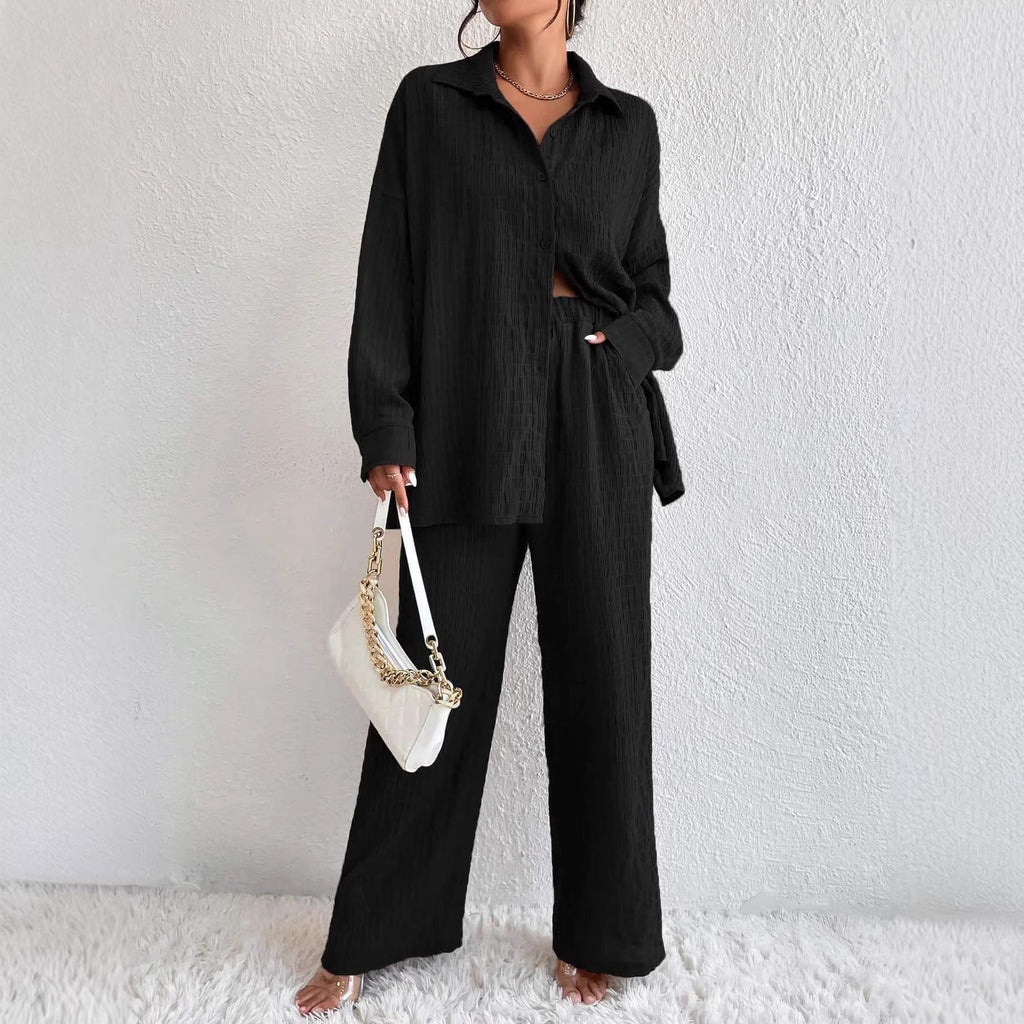 Women's pleated long sleeve lapel two-piece set by FitiqueFit, featuring a loose top and matching pants for casual wear.