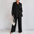 Women's pleated long sleeve lapel two-piece set by FitiqueFit, featuring a loose top and matching pants for casual wear.
