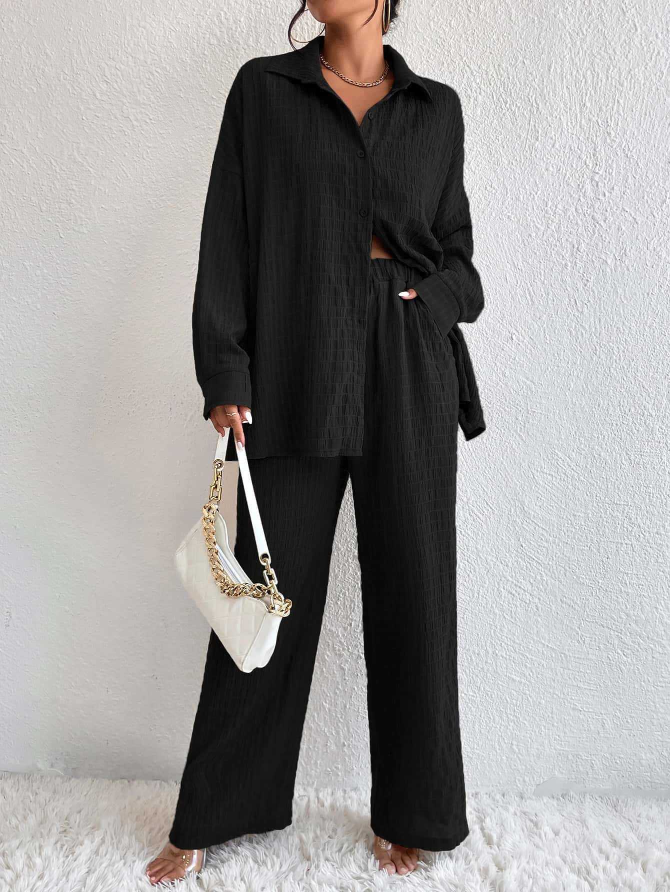 Women's pleated long sleeve lapel two-piece set from FitiqueFit, featuring a loose top and matching pants in casualwear style.